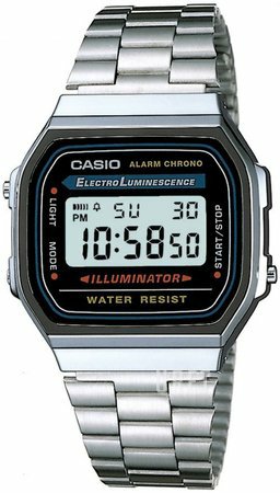 Retro Casio digital armbandsur med upplyst display och metallarmband.