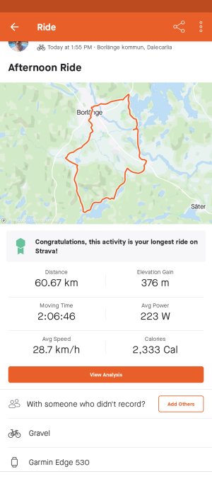 Skärmavbild av en cykeltur registrerad i appen Strava med kartöversikt, turstatistik inklusive distans, tid och kaloriförbrukning.