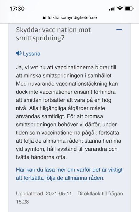 Skärmbild av en artikel om vaccinationers effekt på smittspridning från Folkhälsomyndighetens webbplats.