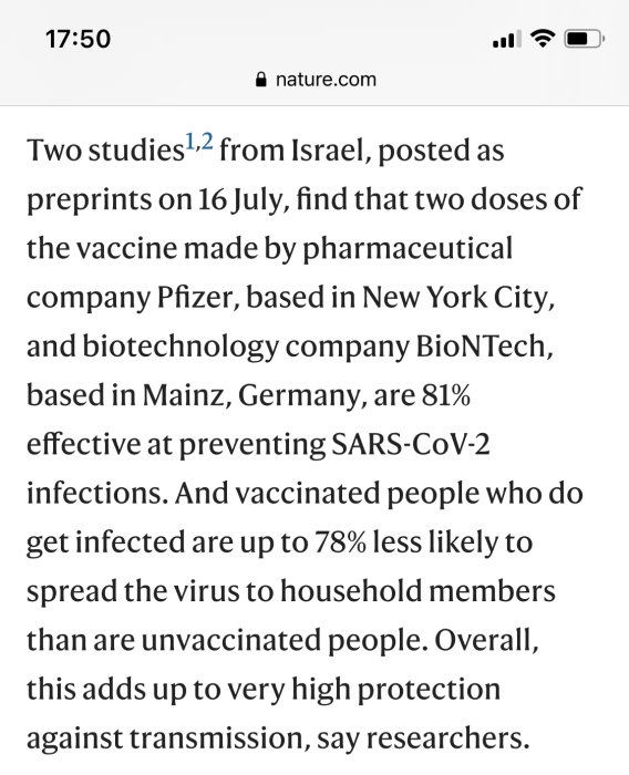 Skärmdump från Nature artikel som diskuterar studier om effektiviteten hos Pfizer-BioNTech COVID-19-vaccin.