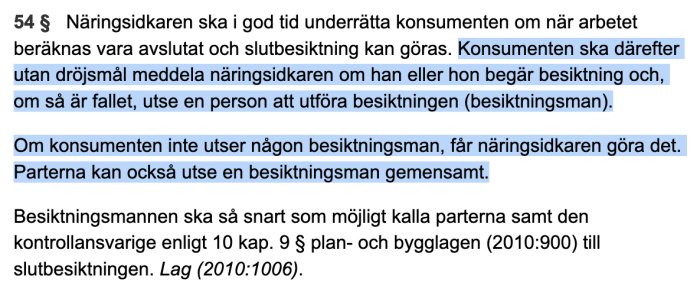 Skärmdump av lagtext om besiktning i byggprojekt från Plan- och bygglagen (2010:1006).