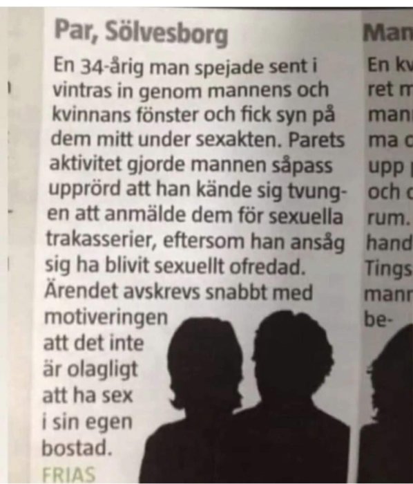 Utklipp av tidningsartikel med text och skuggbilder av ett par.