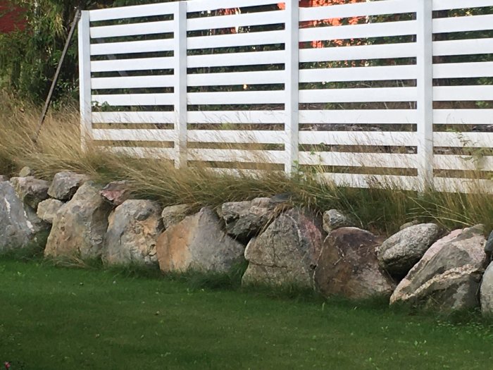 Naturliga stora stenar bildar en mur med grönt gräs framför och en vit trästaket ovanpå.