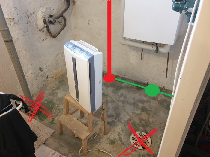 Bild på en tvättstuga med markerade avloppsrör och planerad dragning, röda och gröna linjer visar nya och gamla rör.