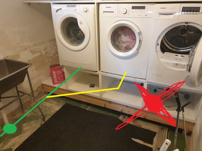 Tvättstuga med två tvättmaskiner och torktumlare, markerade planerade avloppslinjer i gult och grönt.
