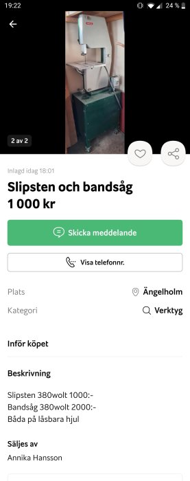 Grå Inca bandsåg med grönt stativ, visas stående i ett arbetsrum redo för snickeriverktygsförsäljning.