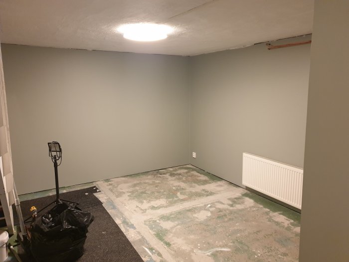 Outfitted källarrum med nymålade ljusgråa väggar i färgen "Morning Haze", en trätrapp, tomma golv och en central taklampa.