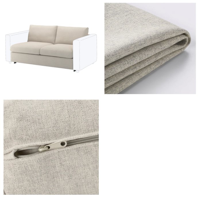 Kollage av en beige 2-sits soffa och en närbild av beige heltäckningsmatta med textur, inklusive dragkedja-detalj.