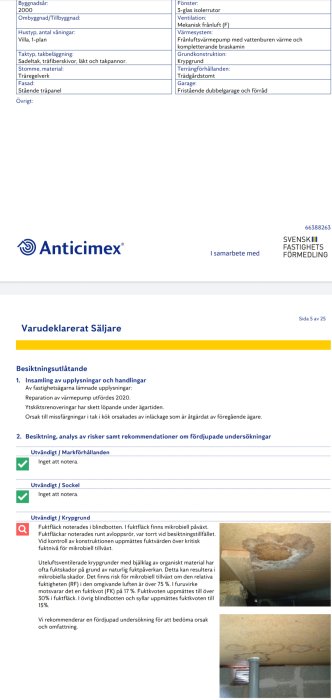 Besiktningsprotokoll från Anticimex visar text och fuktfläckar i en byggnads krypgrund.