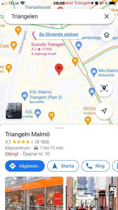 Skärmdump av Google Maps som visar Triangeln i Malmö med betyg och ruttbeskrivning.