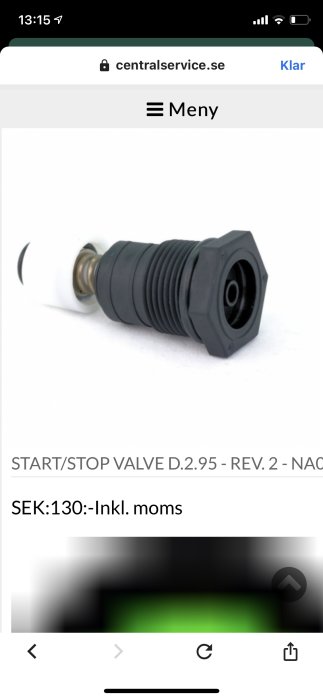 Start/stop ventil modell D.2.95 svart med vitbricka och mässingsdetalj.
