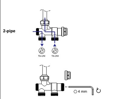 Schematisk illustration av ett tvårörskoppel, möjligtvis TA UNI eller TA TWORETT, med markerade delar och insexnyckel.