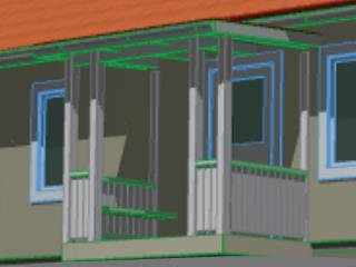 3D-modell av en farstukvist under konstruktion med markerade stommar och tak.