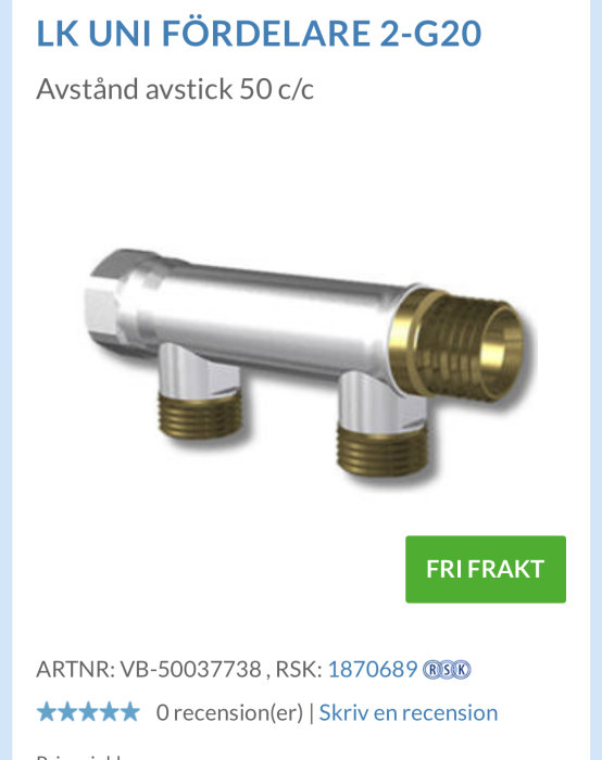 LK UNI fördelare 2-G20 med två avstick ej i linje, avsett för rörkoppling.