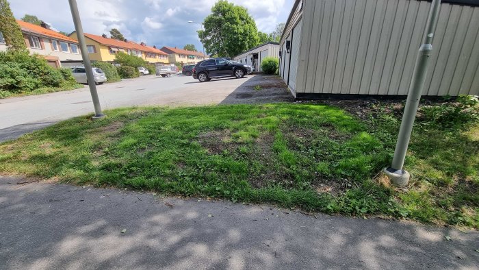 Ojämnt gräs invid en trottoar med en ljusstolpe och bostäder i bakgrunden.