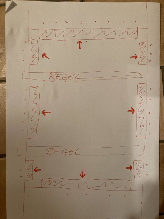 Handritad skiss av golvkonstruktion med reglar och stödpunkter markerade med röda pilar.