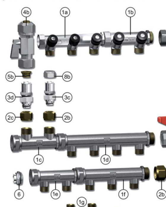 Diagram över blandade rörkopplingar märkta med 1a till 1g och kopplingsdelar 2c, 3d med flera.