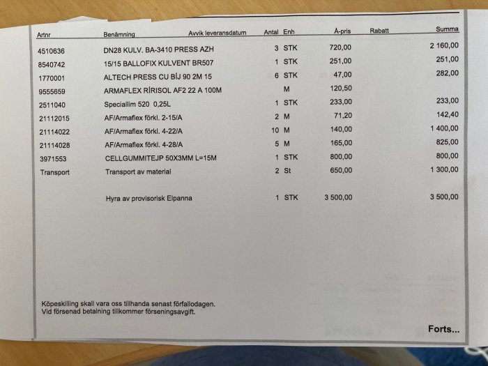 Faktura för VVS-arbeten och material med flera poster, totalt 73 413 SEK för arbete, anonymiserad.