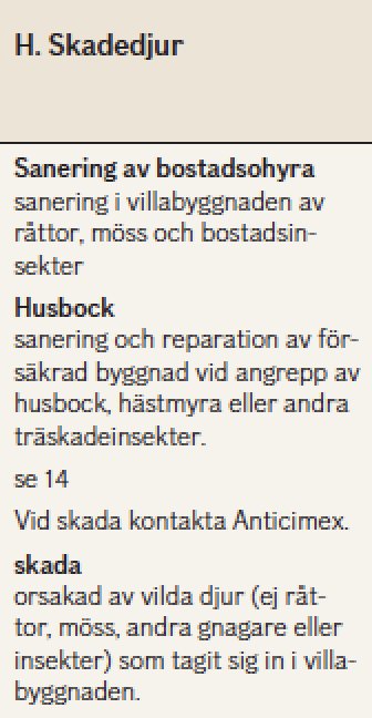 Bild av text ur en försäkringsvillkor broschyr om sanering och reparation vid skadedjur i bostäder.
