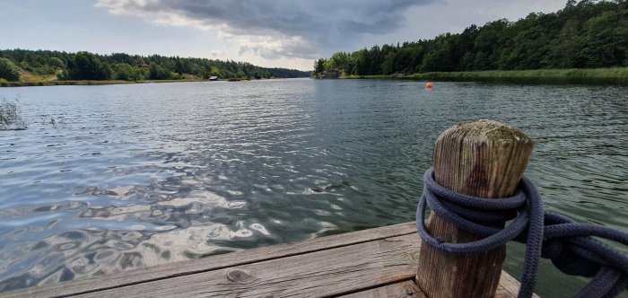 Vy från en brygga över en stilla sjö omgiven av skog, med ett rep virat runt en träpelare i förgrunden.