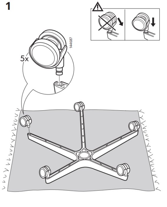 Illustration som visar montering av en hjulförsedd fot på ett stjärnformat stolsunderrede.