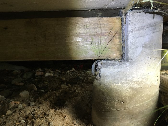 Bjälke vilande ovanpå en betongplint under ett hus, med synliga grus och stenar.