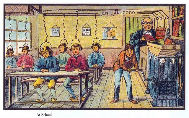 Vintage illustration of students in caps connected to a learning machine, with teacher and books.