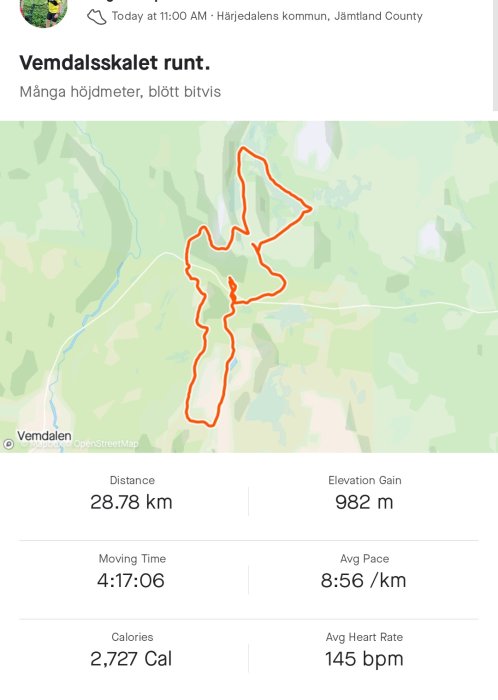 Karta över löprunda med röd markerad sträcka runt Vemdalsskalet, info om distans, tid, höjdstigning, tempo och kaloriförbrukning.