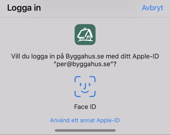 Inloggningsprompt för Byggahus-appen med Face ID bekräftelse och alternativ för annat Apple-ID.