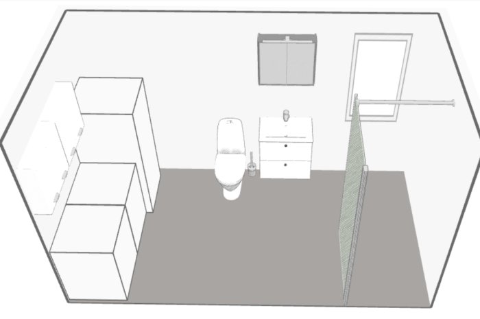 Skiss av ett badrumsinredningsförslag med dusch, toalett, handfat och förvaring.