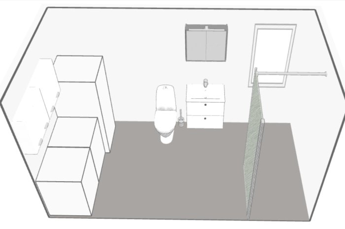 3D-schema av badrum med toalett, handfat och öppen duschplats nära ett fönster.