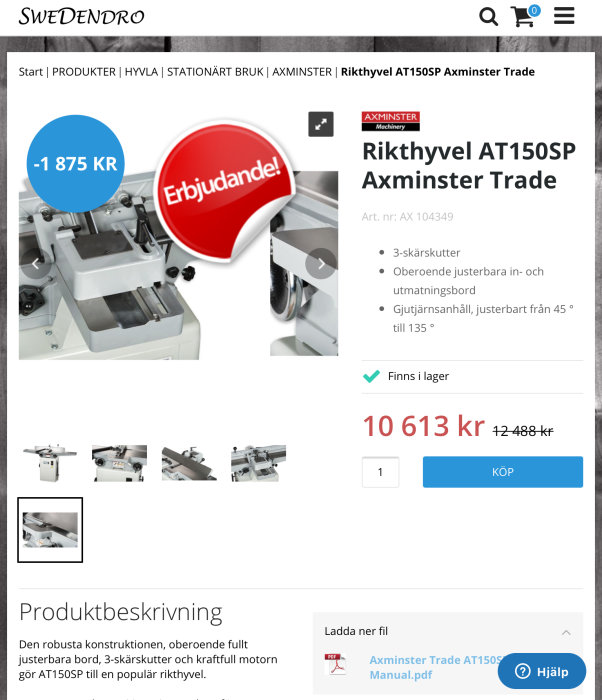 Rikthyvel AT150SP från Axminster Trade med erbjudandeetikett, justerbara bord och 3-skärskutter.