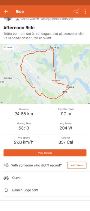 Skärmavbild av cykelaktivitet med karta, distans 24,65 km, höjdvinst 110 m och statistik i en träningsapp.