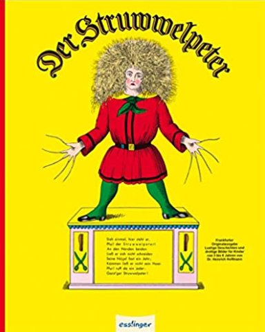 Omslagsbild av boken "Struwwelpeter" med en figur med vildvuxet hår och grön rosett.