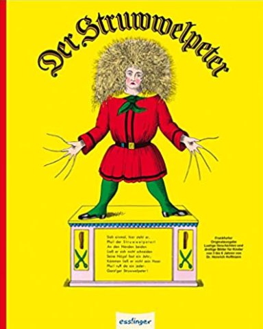 Omslagsbild av boken "Struwwelpeter" som visar en karaktär med överdrivet rufsigt hår och gammaldags kläder.