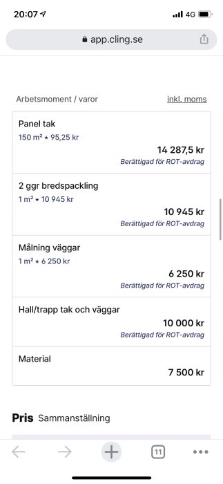 Skärmdump av en offert med priser för takpanel, bredspackling och målning, inklusive ROT-avdrag.