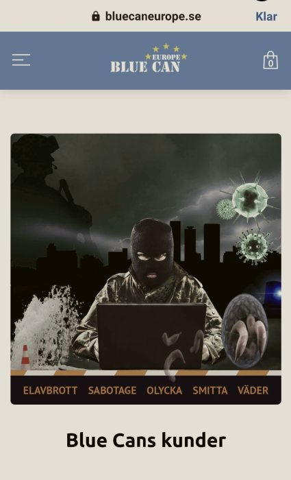 Illustration av person i rånarluva och militärjacka framför en laptop, med viruspartiklar och stadssilhuett i bakgrunden.