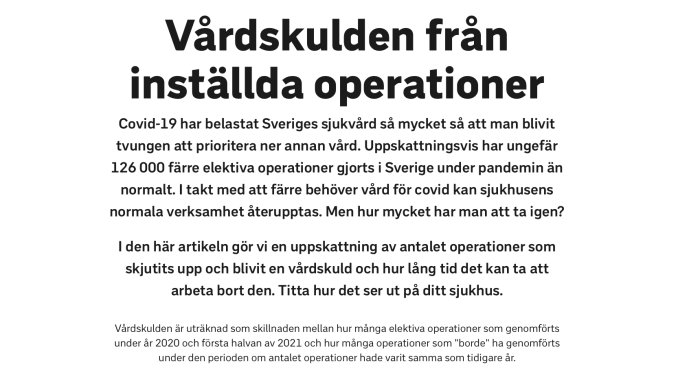 Skärmdump av en artikel som diskuterar värden av inställda operationer under COVID-19-pandemin i Sverige.