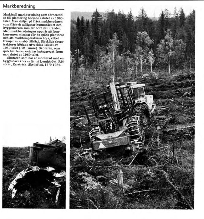 Hyggesharv som bereder mark för plantering i skogsområde, daterad 15 september 1982.