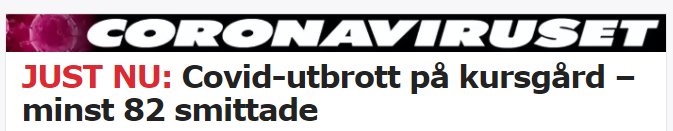 Nyhetstitel om covid-utbrott på kursgård med 82 smittade.