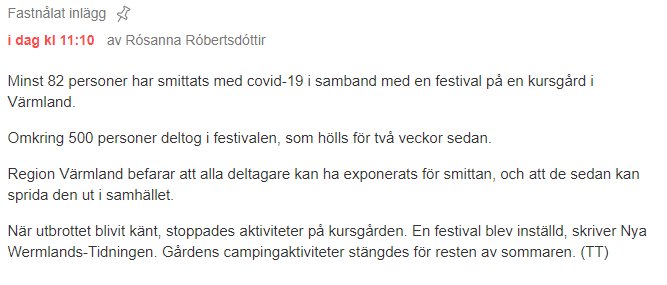 Skärmbild av ett foruminlägg om covid-19-utbrott kopplat till en festival.