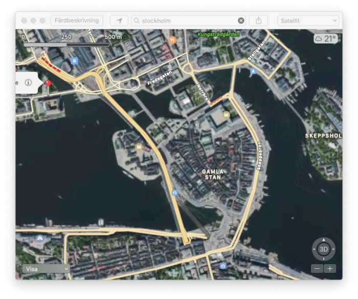 Satellitvy över Gamla Stan och omgivande stadsdelar i Stockholm, markerad med kartikoner.