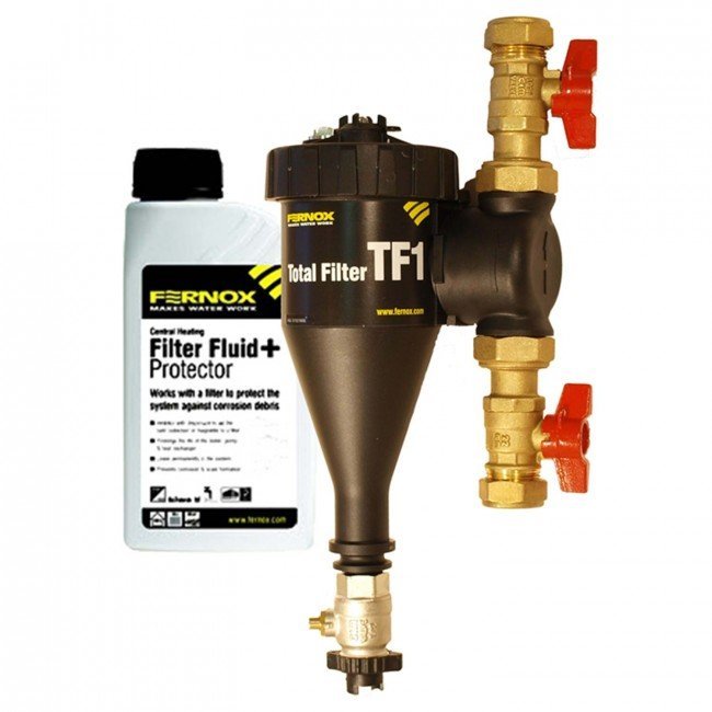 Fernox centralvärme filter och korrosionsskydd i förpackningar, TF1 totalfilter och Filter Fluid+.