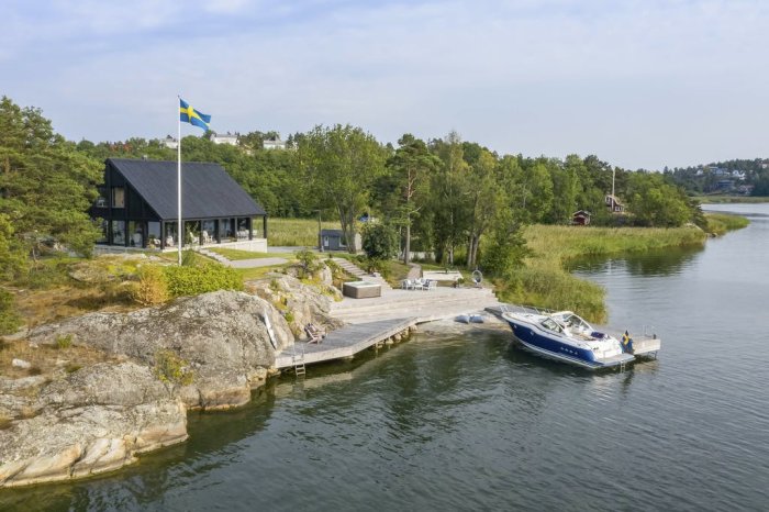 Modern villa vid vattnet med svensk flagga, brygga och en motorbåt.