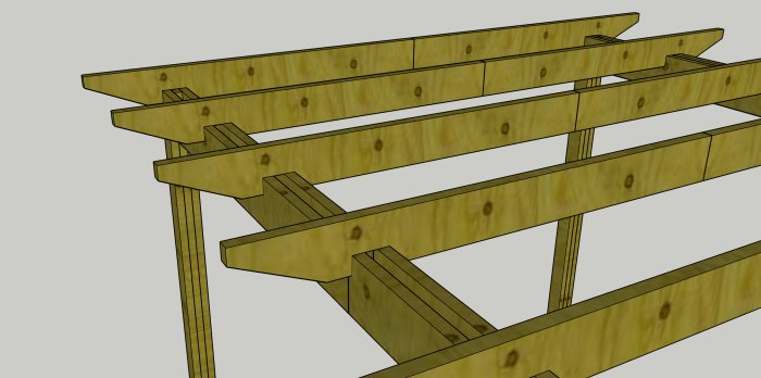 3D-modell av träreglar till pergolatak under konstruktion, med fokus på dess sammanfogningar.
