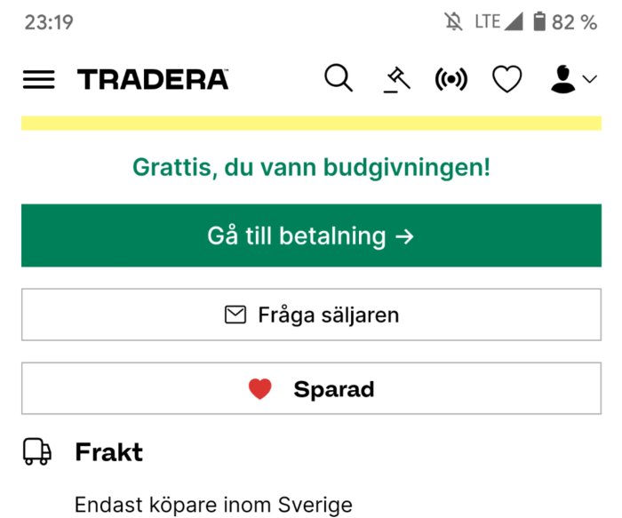 Skärmdump från Tradera med vinstmeddelande och betalningsknapp, LTE och batteriindikator syns.