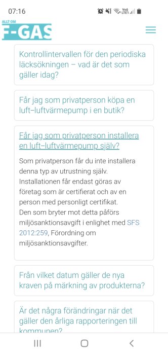 Skärmdump från en webbsida om F-gas med text om regler för installation av värmepumpar.