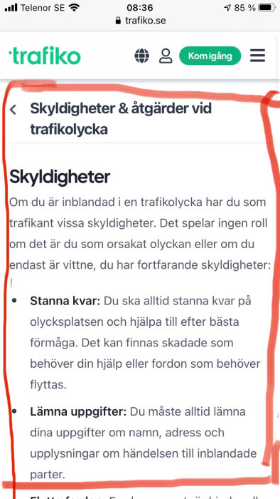 Skärmdump från webbsida om skyldigheter vid trafikolycka med text och meny.