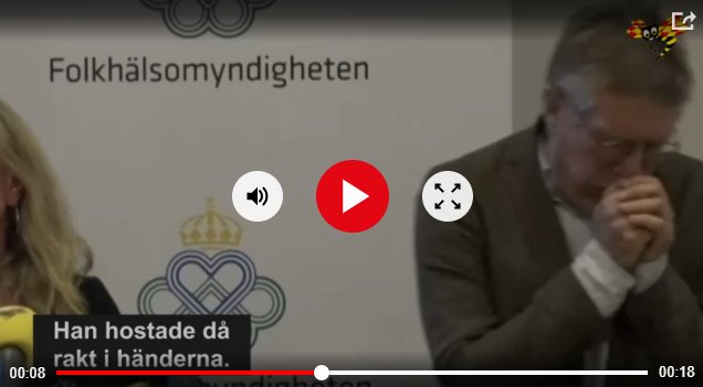 Person som hostar i händerna under en presskonferens med texten "Han hostade då rakt i händerna".