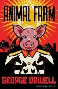 Omslaget till George Orwells "Animal Farm" med en tecknad rosa gris och andra djur mot en röd och gul bakgrund.